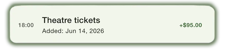 An IOU entry lifted from that screen: Theatre tickets, added Jun 14 2026, +$95.00