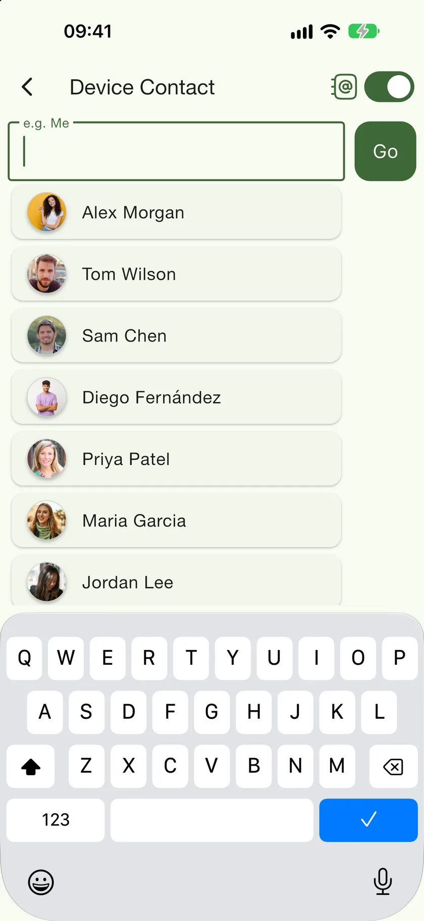 The Device Contact screen listing people from the phone's address book