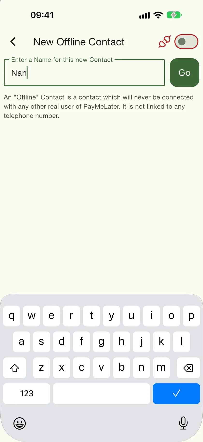 The New Offline Contact screen with a name field and an explanation of offline contacts