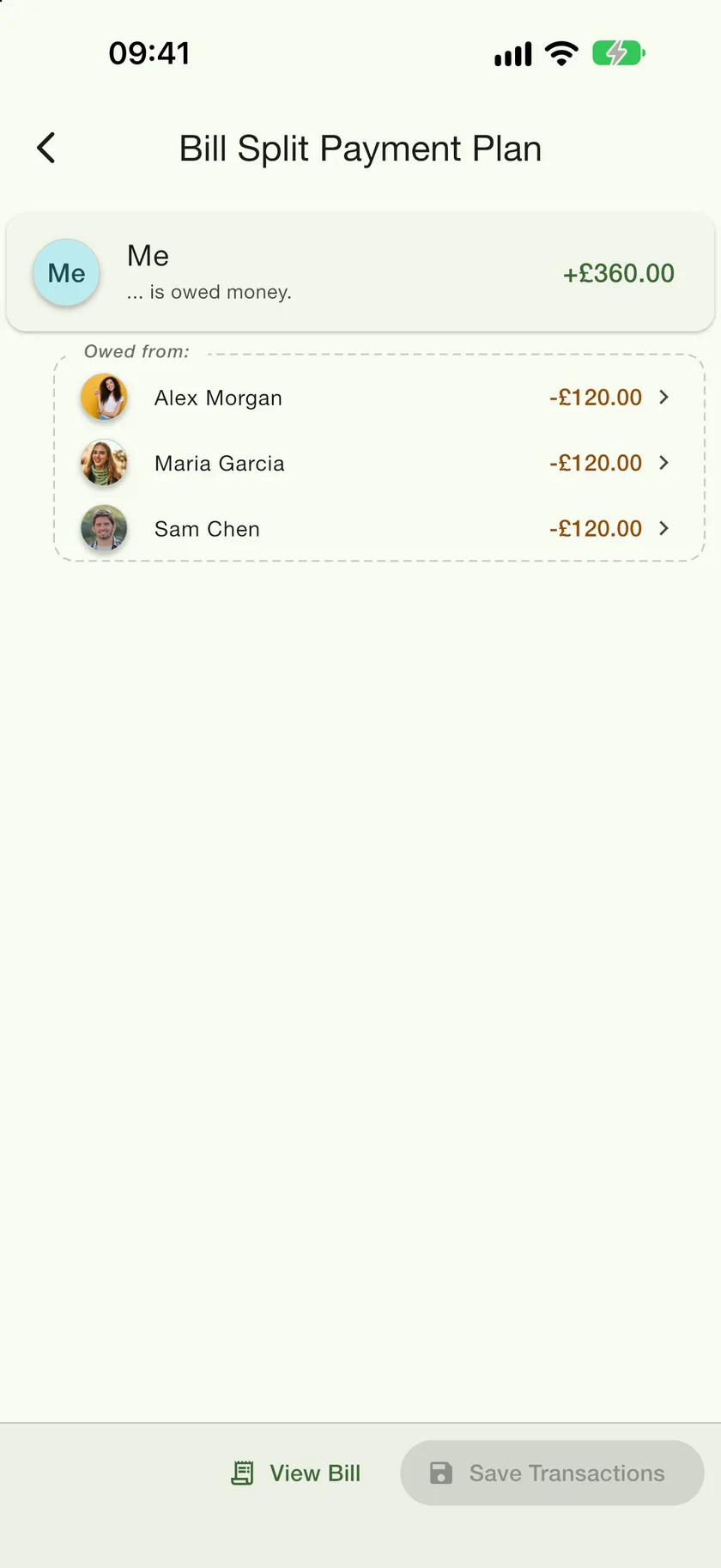 The Bill Split Payment Plan showing Me owed £360 from three friends at £120 each