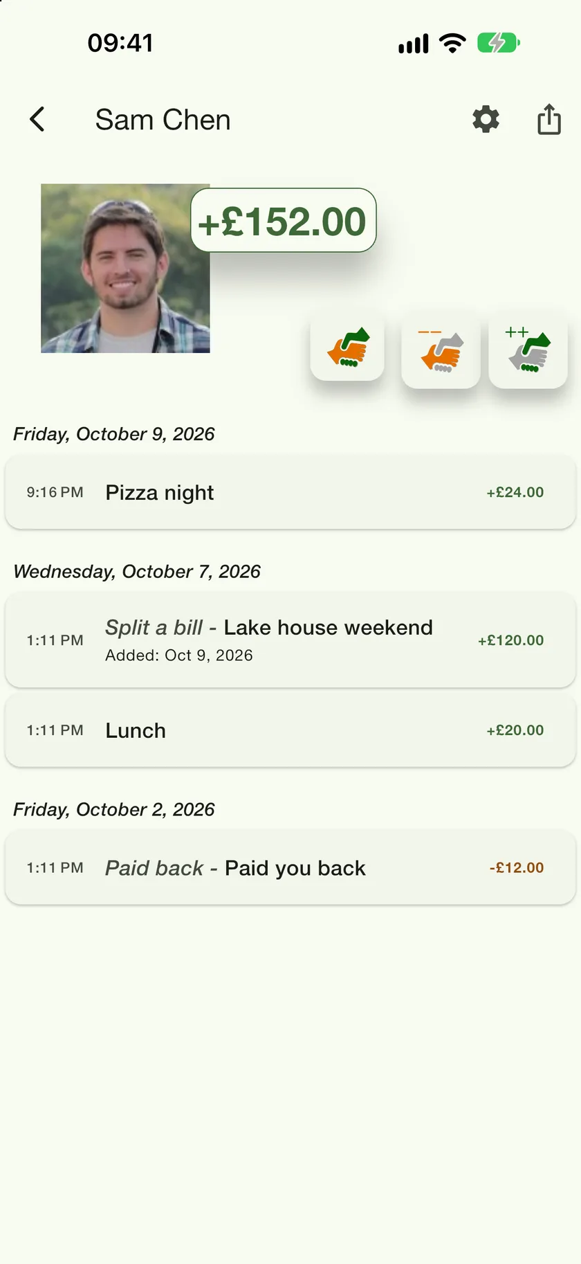 Sam Chen's ledger with the new Pizza night entry at the top and the balance of +£152.00