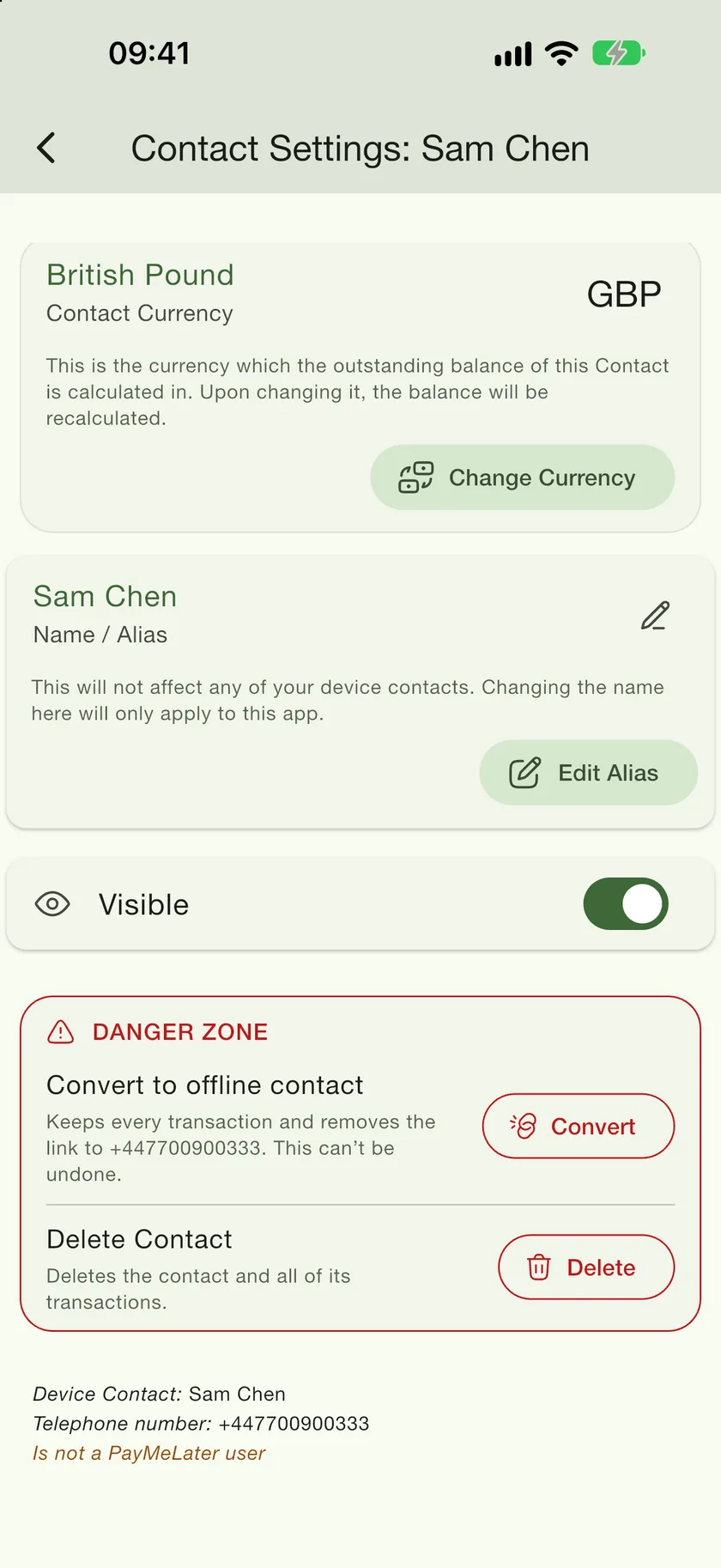 Contact Settings for Sam Chen, with the footer showing the device contact, telephone number and PayMeLater user status