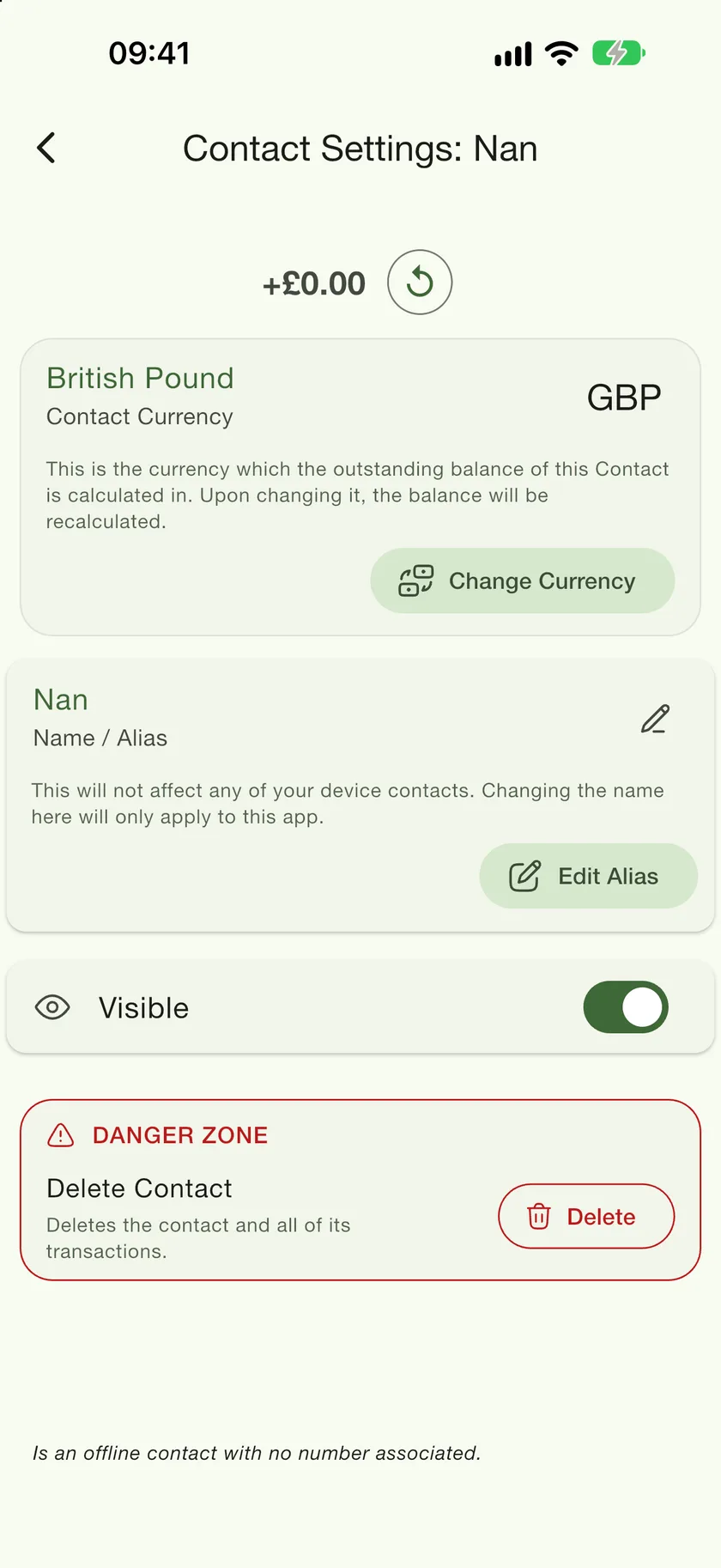 Contact Settings for an offline contact, with the footer saying it is an offline contact with no number associated