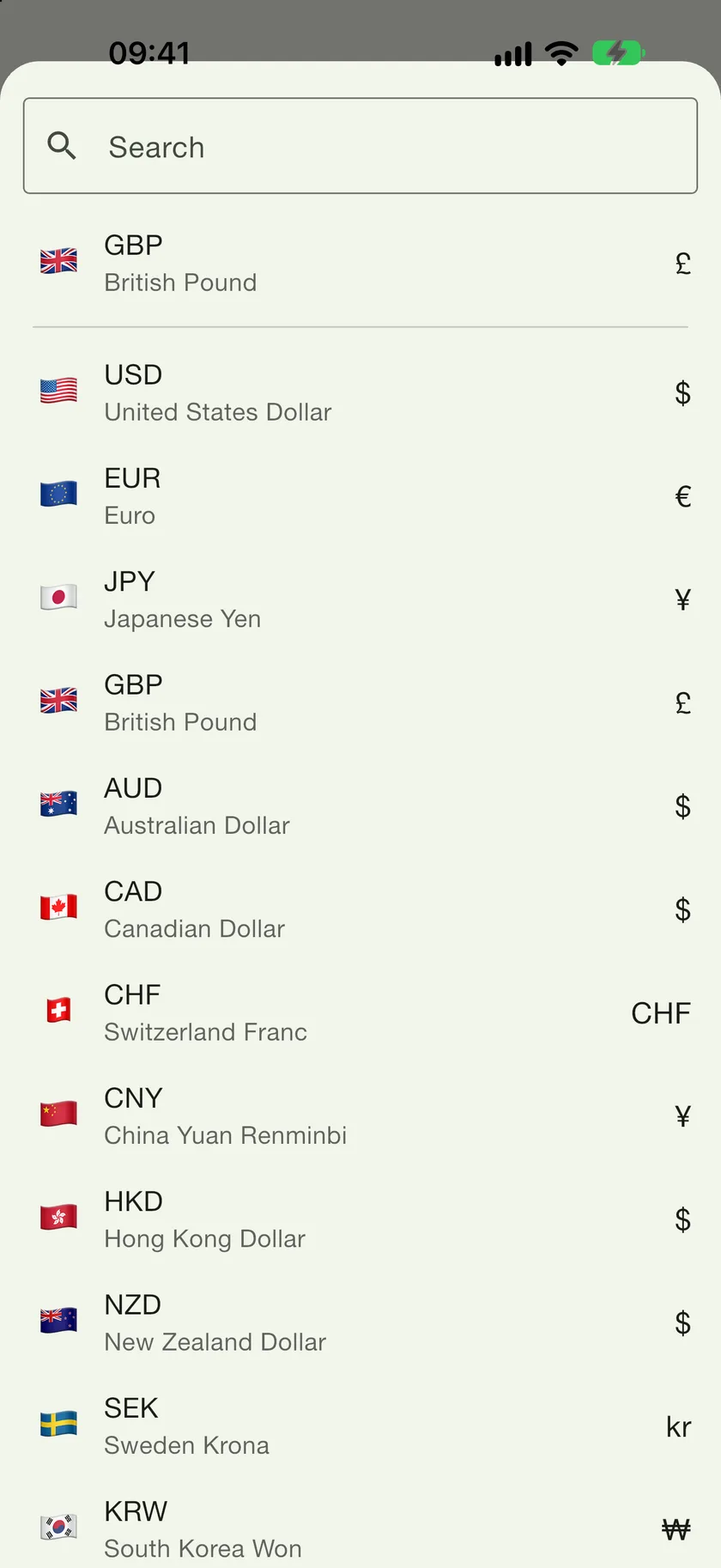 The currency picker with the contact's currency pinned at the top and USD next