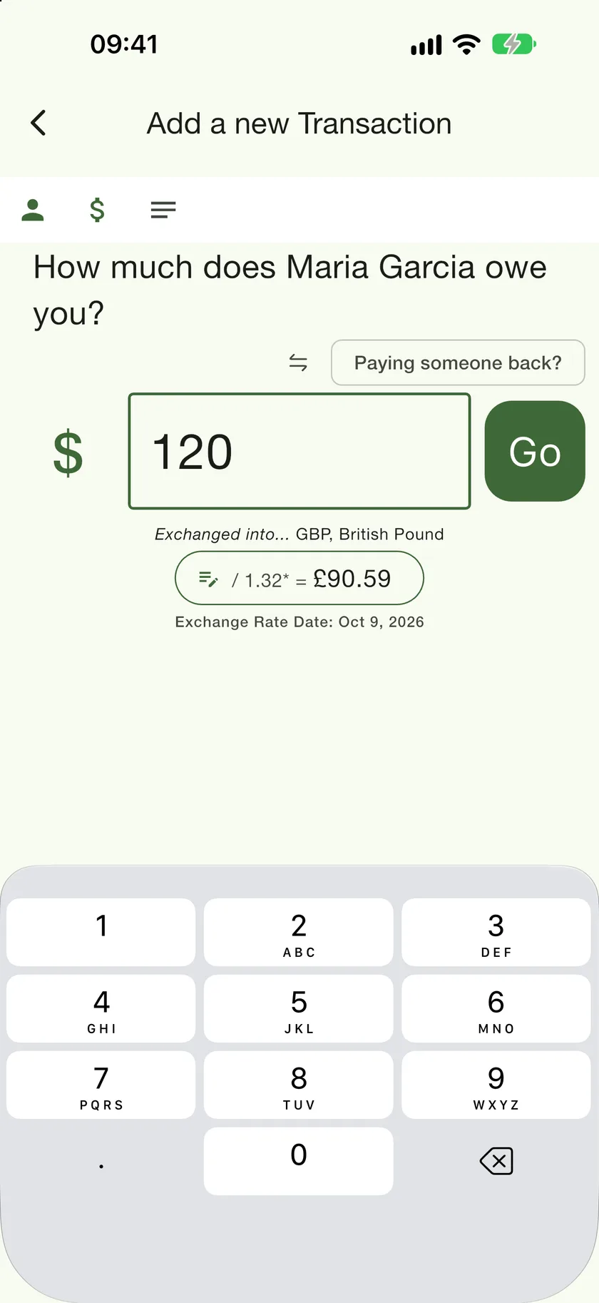 The amount step with $120 typed and the live conversion to £90.59 shown beneath it