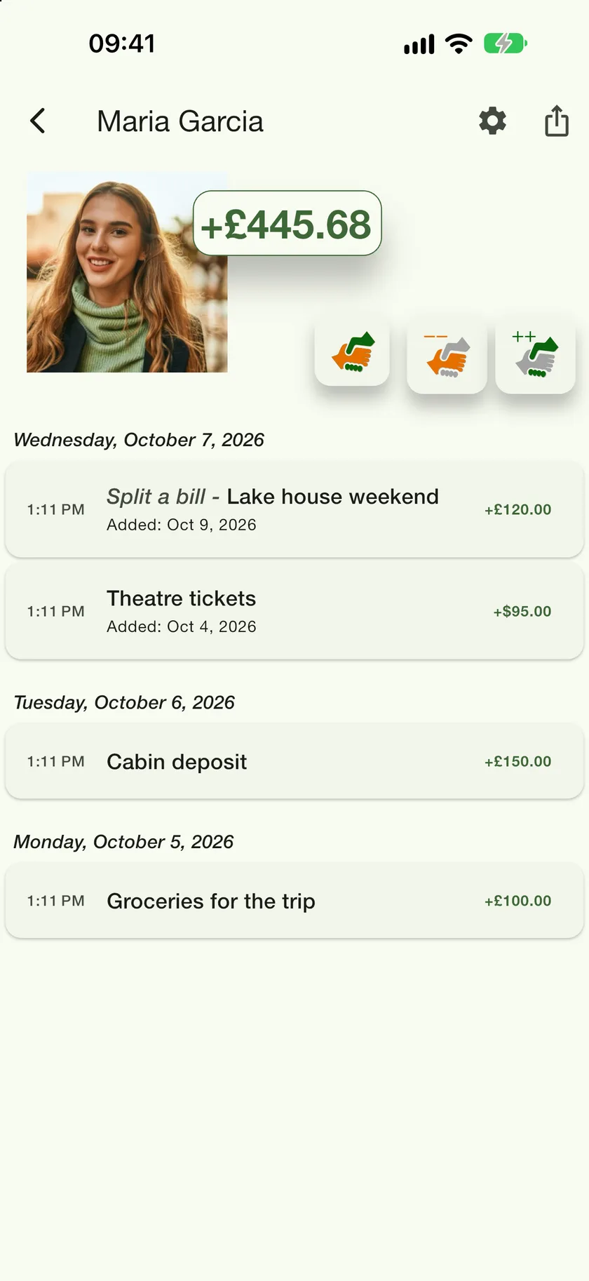 Maria Garcia's ledger with a $95 theatre tickets entry among pound entries, and a balance in pounds