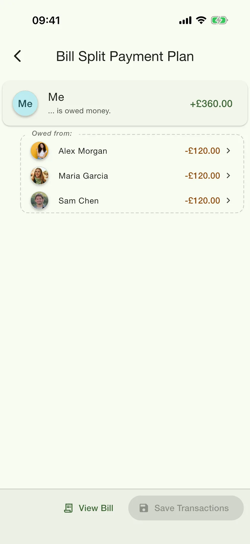PayMeLater bill payment plan — Me is owed £360.00, with £120.00 owed from Alex, Maria and Sam