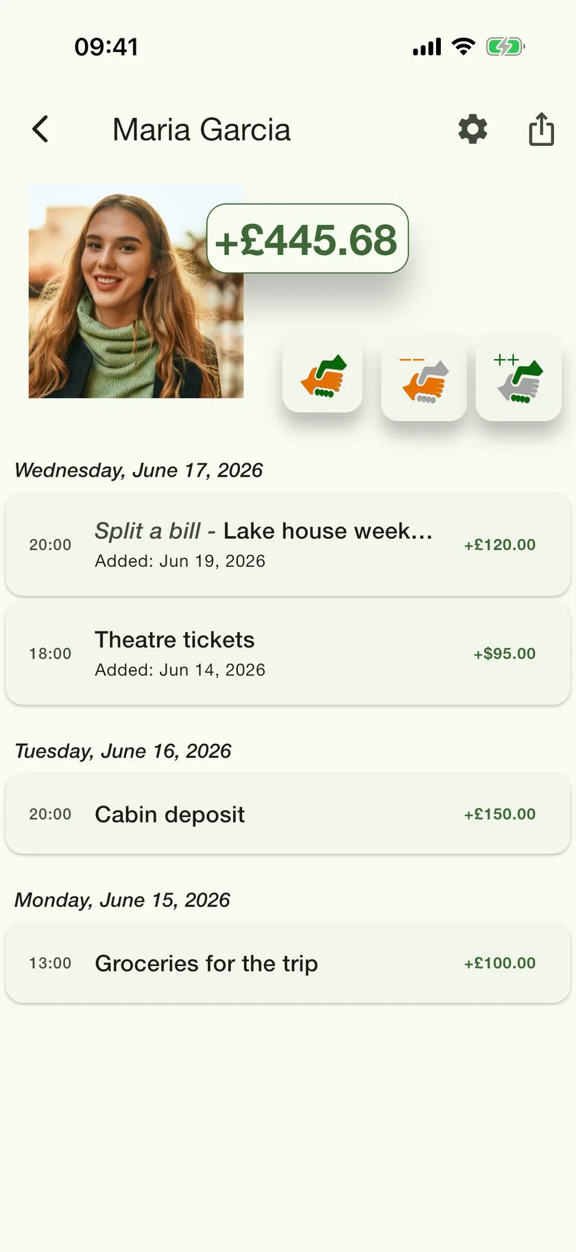 PayMeLater IOU tracker showing Maria Garcia’s +£445.68 balance above dated entries like theatre tickets and the cabin deposit