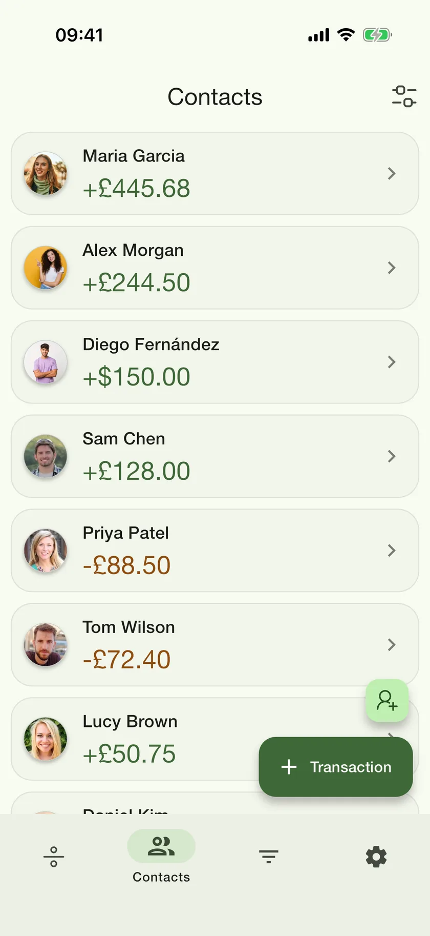 The PayMeLater contacts list with every friend’s balance in one private place