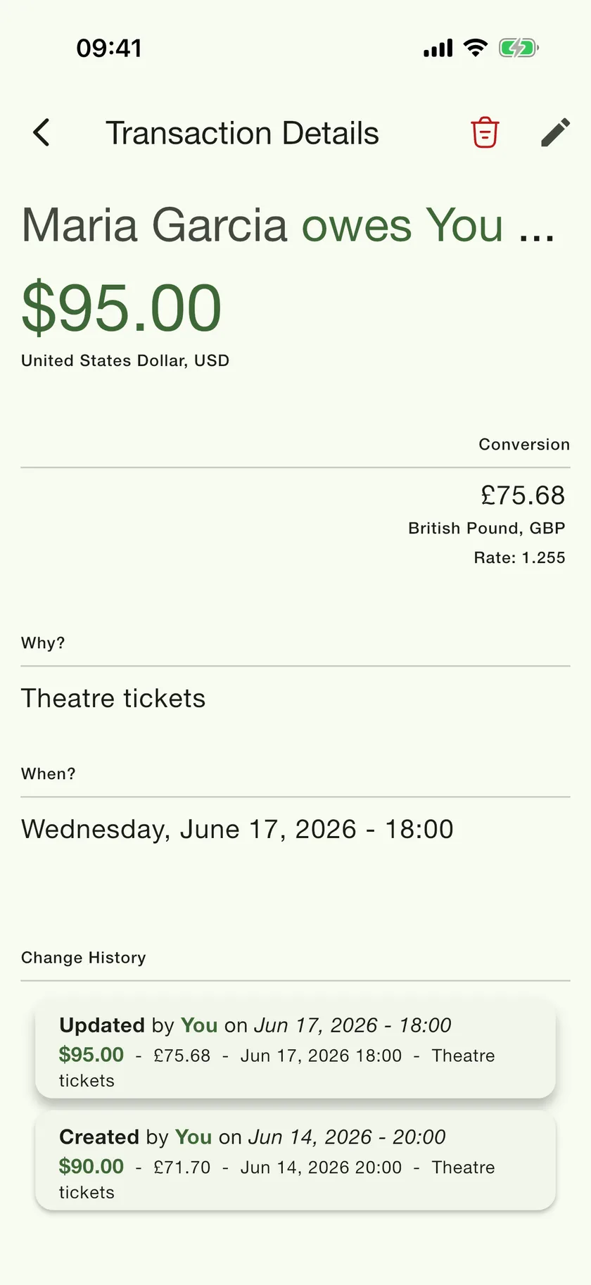 PayMeLater transaction details with the full change history of an IOU
